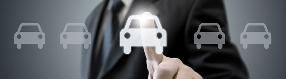 Graphic of hand choosing a car out of a line of car icons