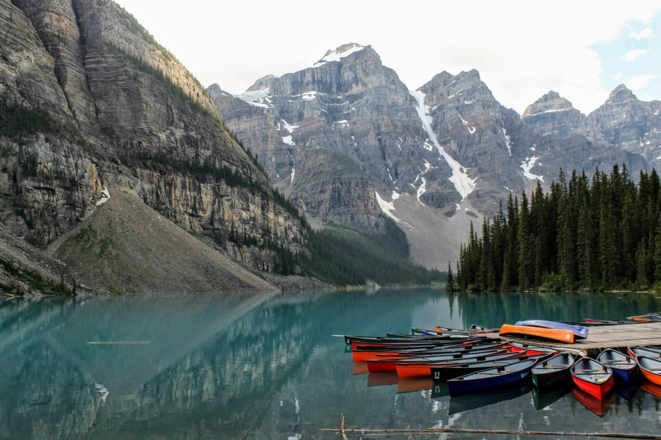 Kayaks on lake louise in Alberta