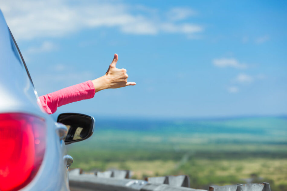 Woman with hang loose out her car window.