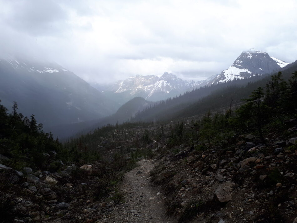 Foggy white-capped mountains