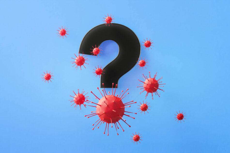 Graphic of a question mark with virus molecules around it