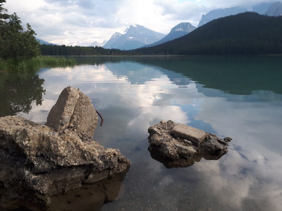 Jasper Wapiti Campground view of the lake with mountains in the background