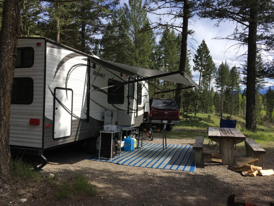 RV parked with patio area setup