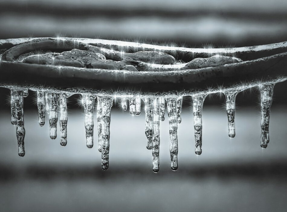 Water drops from frozen pipes in greyscale