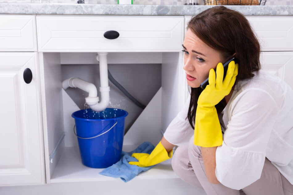 Woman on fine with burst water pipe behind her