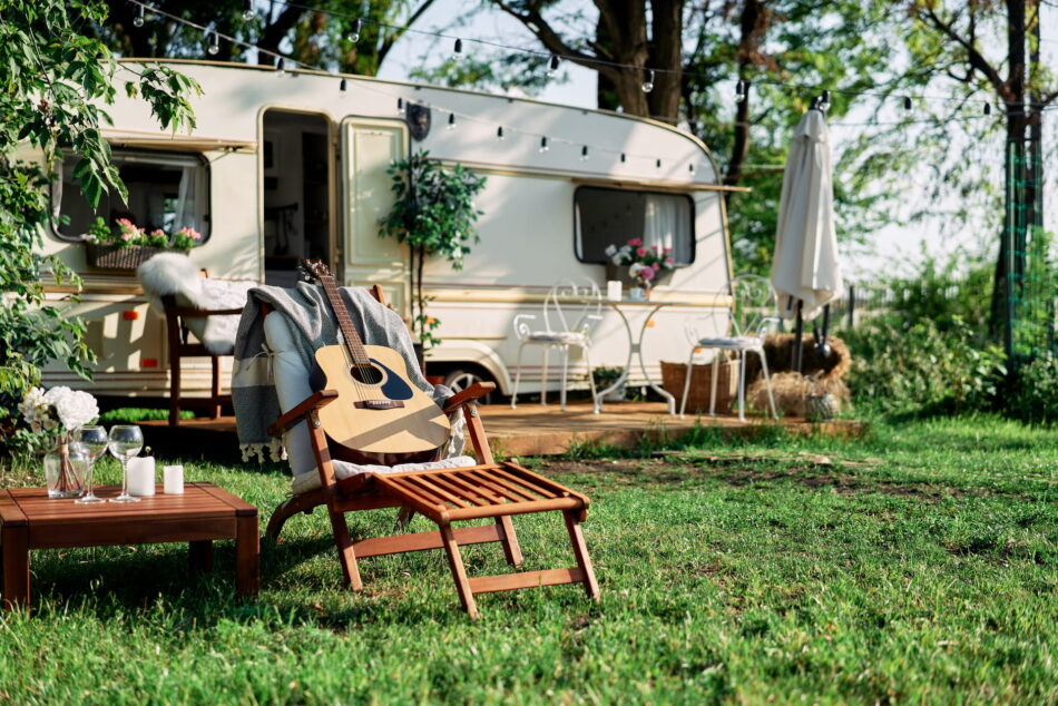A trailer RV parked on a seasonal lot