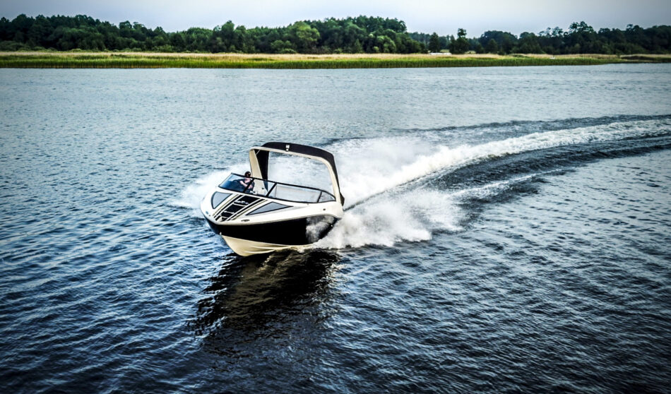 A powerboat on a lake in Alberta.