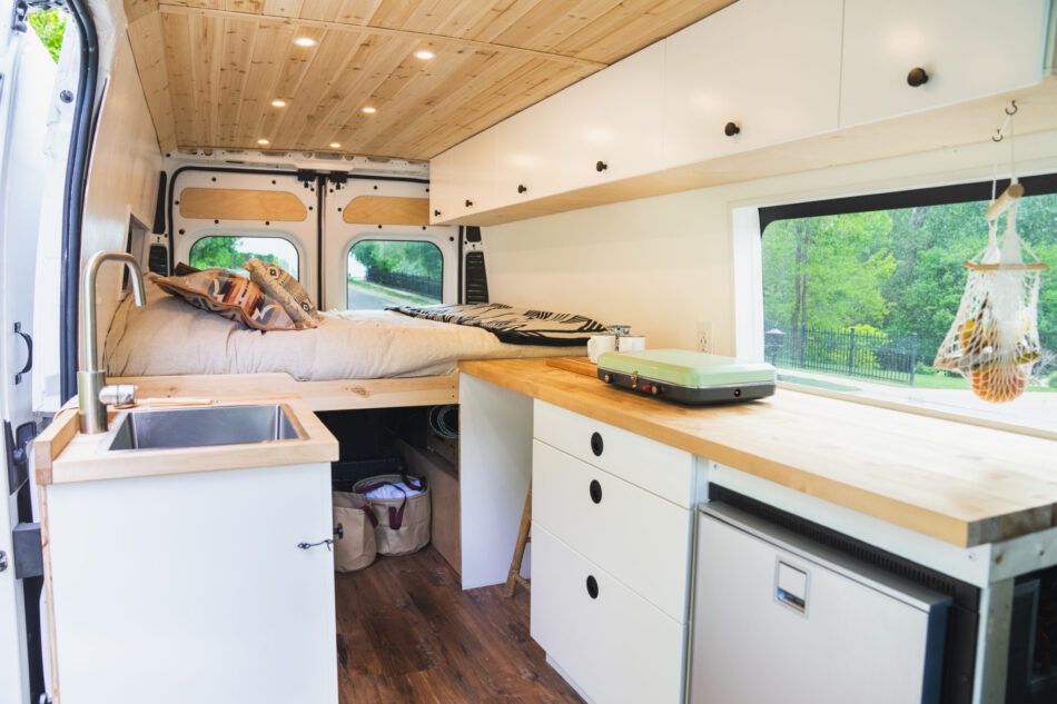 The beautiful interior of a renovated RV.