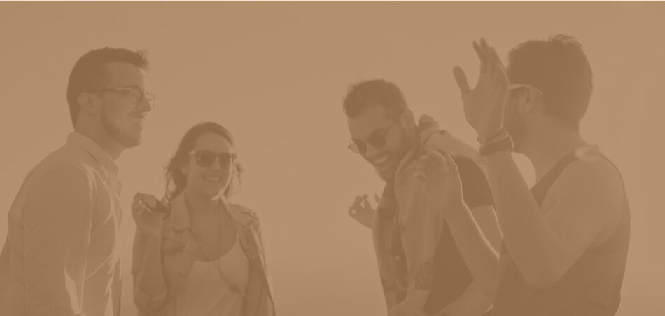 A group of friends dancing outdoors with a golden maple overlay