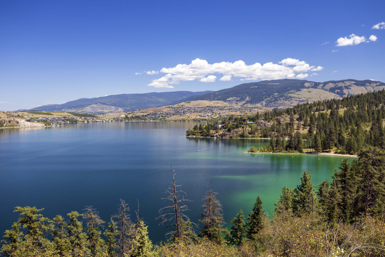 Picture of a beautiful blue lake with surrounding forest in Kalamalka Lake Provincial Park in Coldstream, British Columbia, Canada.