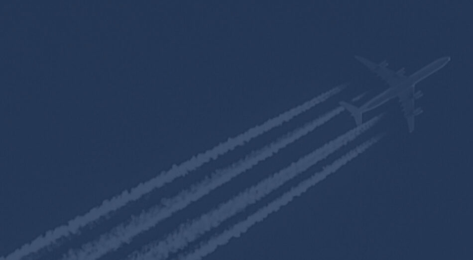 Airplane travelling through the air with contrail behind it with navy blue overlay