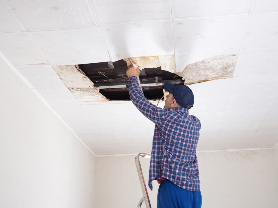 Contractor looking inside a hole in the ceiling with water marks around it