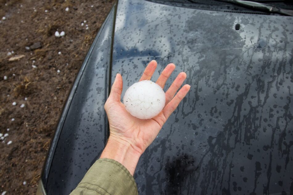 a persons hand holding a ball of hail as big as their palm with their damaged car in the background