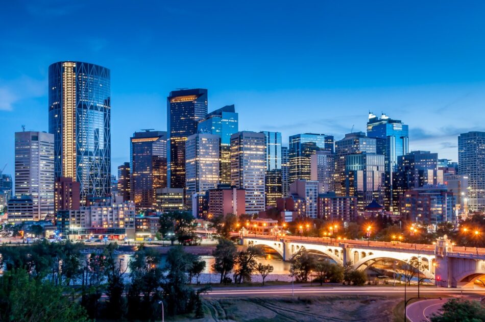 View of skyscrapers in Downtown Calgary at dusk