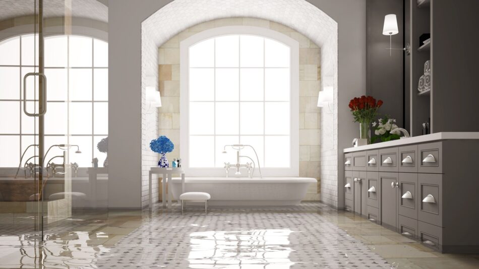 a beautiful bathroom that's flooded and covered in water