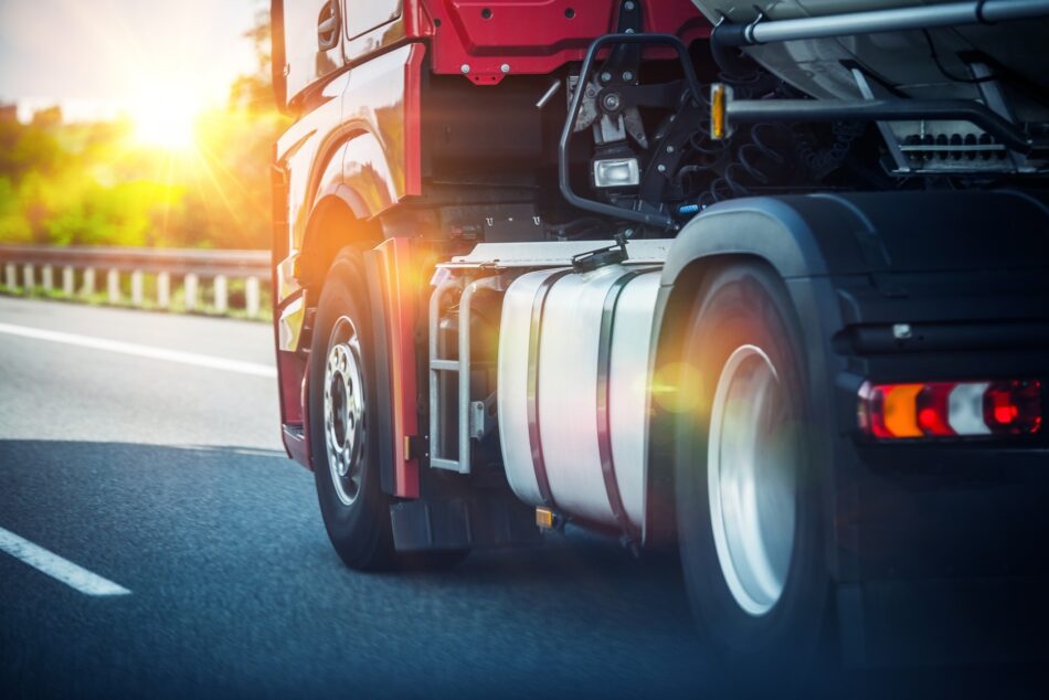 Wheels on a semi driving down the highway