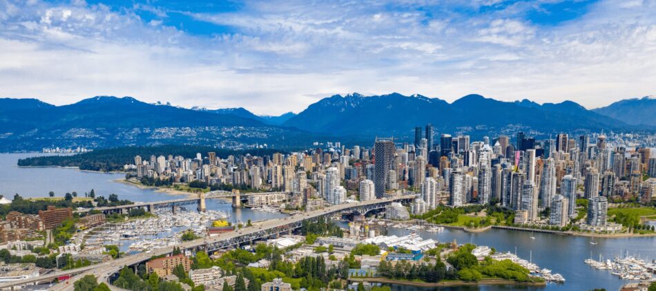 Overhead view of commercial buildings in a big canadian city