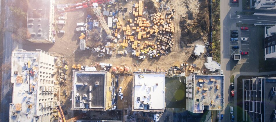 Overhead view of a construction site from a drone