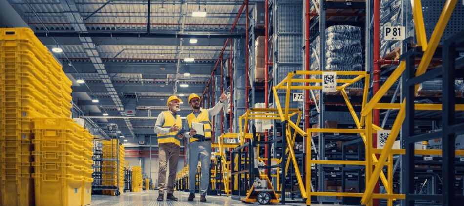 View of a factory with two workers in an aisle