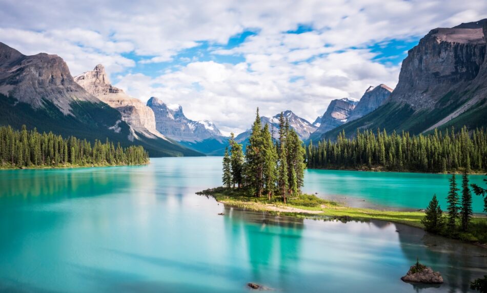 Photo of Spirit Island located in Maligne Lake in Jasper National Park Canada.