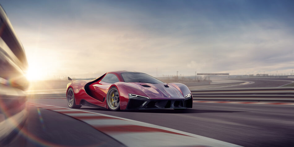 A close up image of a generic red sports car moving at high speed on a racetrack at dawn. There is motion blur to the track, and safety fence as well as the wheels on the vehicle. The background is track is out of focus.