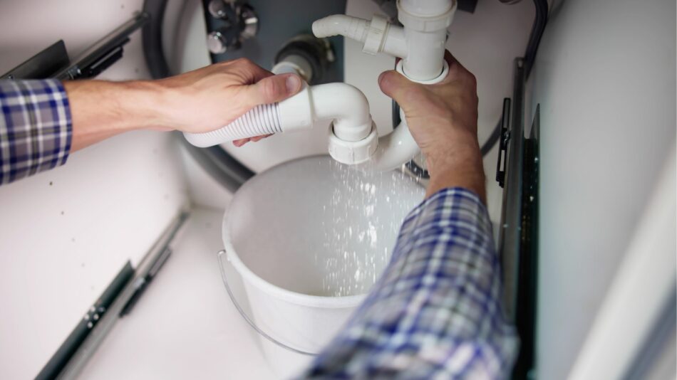 Plumber working on pipes under sink