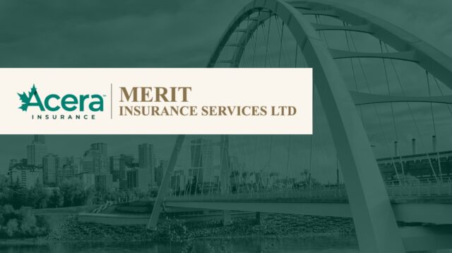 Acera Insurance and Merit Insurance Services Ltd logo displayed over a background image of the Walterdale Bridge and Edmonton skyline.