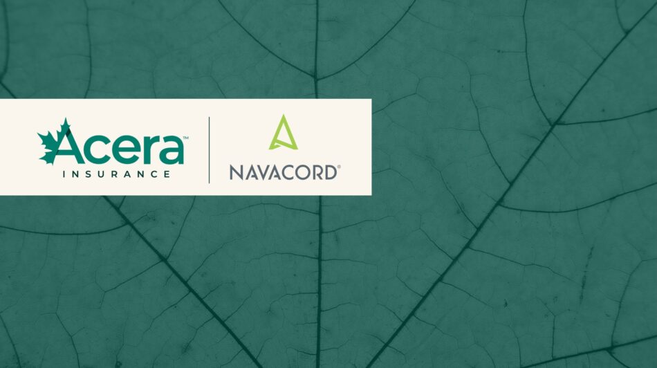 Graphic with a dark green leaf texture background. Centered is a white rectangle containing two logos: on the left, the Acera Insurance logo with a green maple leaf icon and the word ‘Acera’ in bold green letters above ‘Insurance’ in smaller text; on the right, the Navacord logo with a stylized green triangular symbol above the word ‘Navacord’ in gray.